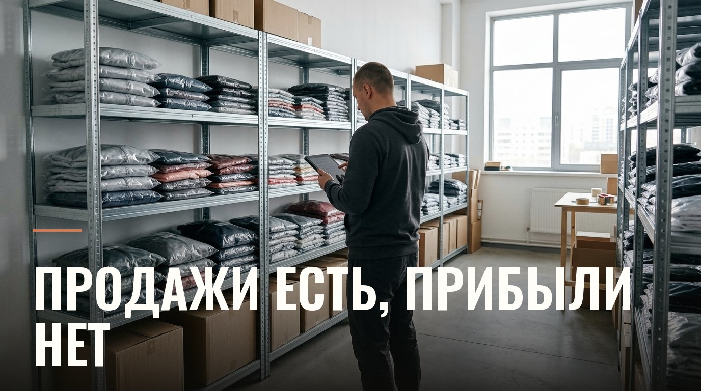 Склад селлера с товаром на стеллажах и коробками