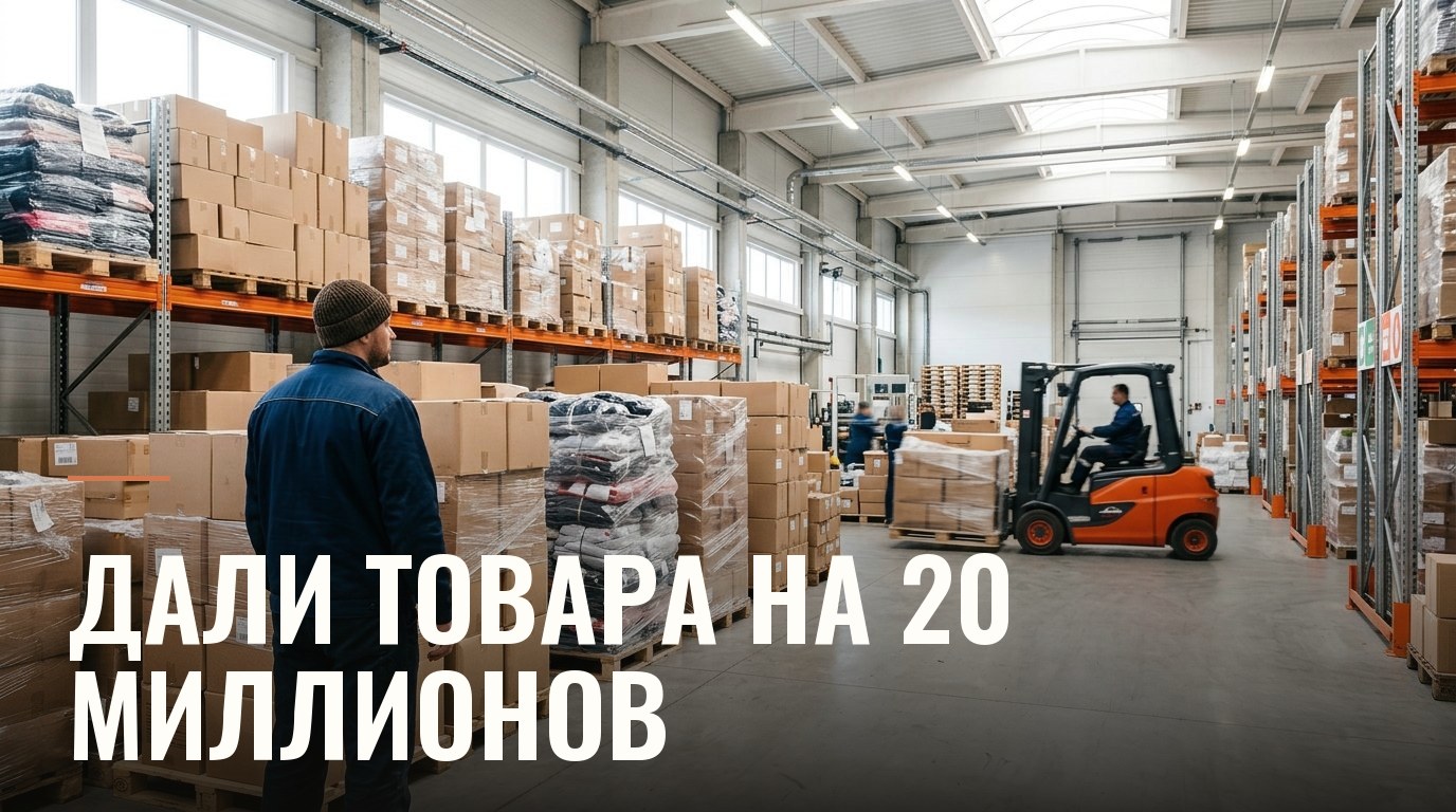 Склад с паллетами товара и погрузчиком