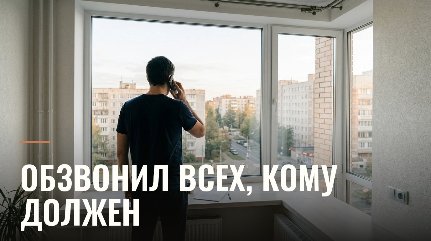 Мужчина с телефоном у окна, на подоконнике список с именами